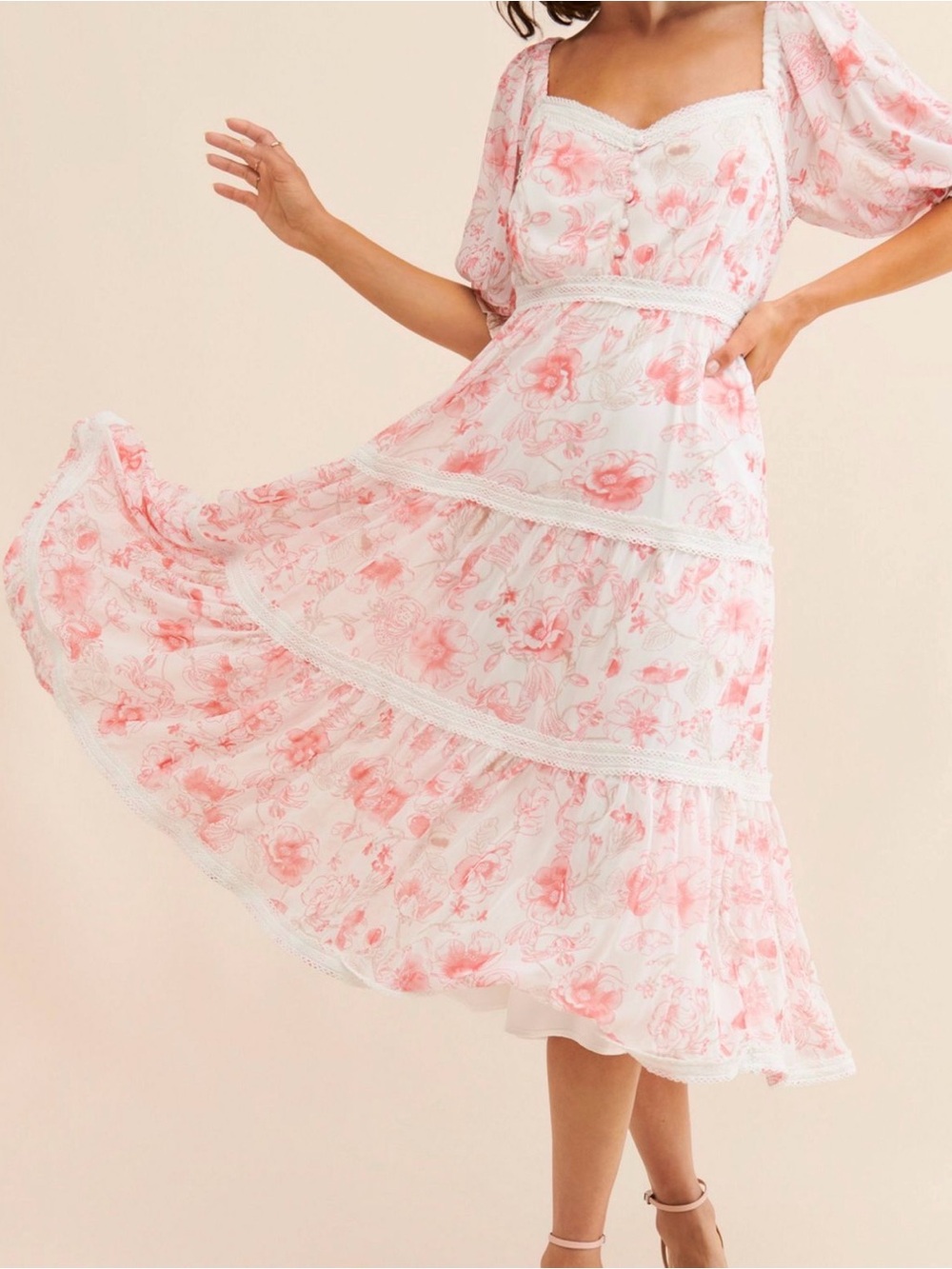 Rachel Parcell Pink & White Floral Lace-Trim Midi Dress